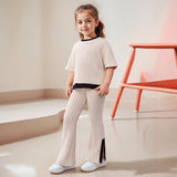 3-10Y Kid Girls Casual Fashion Flared Contrasting  Trim 2 Pcs Set