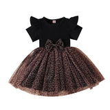 Kid Girl Black Pit Stripe Patchwork Leopard Print Mesh Dress