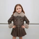 2-10T Kid Girls Leather Fur Collar Jacket Pleated Suits 2 Pcs Set