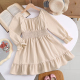 Kid Girl Square Collar Horn Long-sleeved Ruffle Big Swing Dresses