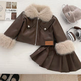 2-10T Kid Girls Leather Fur Collar Jacket Pleated Suits 2 Pcs Set