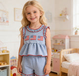 Baby Girl Summer Independence Day Flag Embroidered Sleeveless Top Shorts 2 pcs Sets