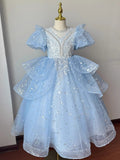 Kid Girl Blue Princess Fluffy Yarn Birthday Host Catwalk Dresses