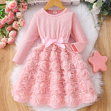 2-8Y Kid Baby Girls Solid Color Rose Flower Princess Dresses