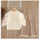 1-6T Kid Baby Girl Knitted Flared Long-sleeved Suit 2 Pcs Set