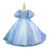 Kid Baby Girl Backless Sequin Piano Blue Bubble Sleeve Dresses