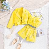 Kid Girls Suit Long-sleeved Flower Suspenders Shorts 3 Pcs Set