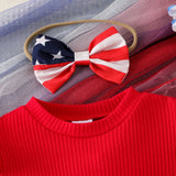 3 Pcs/Set Baby Girl Red And White Strip Star Splicing Independence Day Dress