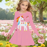 2-10T Kid Girl Crew Neck Long-sleeved Flower Casual Dresses