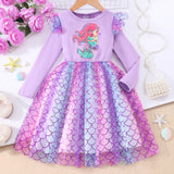 Kid Girl Long Sleeve Crew Neck Mermaid Mesh Dresses