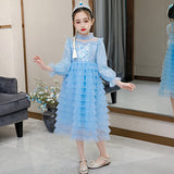 Kid Girl Snow Print Mesh Long Sleeve Tiered Princess Long Dress