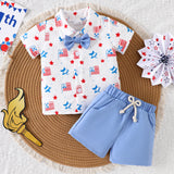 Independence Day Baby Boys Short Sleeve Bow Tie Blue Shorts 2 Pcs Set