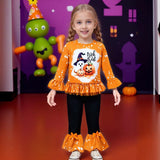 1-8Y Kid Girls Halloween Pumpkin Lantern Ghost Ruffle Flared Suit 2 Pcs Set