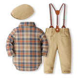 9M-3Y Baby Boy Plaid Gentleman Suit British Long Sleeves 4 Pcs Set