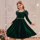 Kid Girl Princess Pearl Waist Velvet Host Performance Long Sleeves Dresses