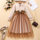 New Girls' Long-sleeved Lapel Waist Seal Mesh Splicing Dress