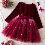 Kid Girls Long-sleeved Korean Stars Gradually Mesh Princess Dresses