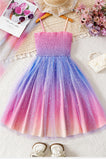 Kid Girls Suspender Mesh Gradual  Rainbow Casual Dress