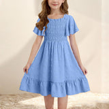 4-14T Kid Girl Sleeveless Square Neck Pleated Backless Short Dress