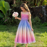 Kid Girls Suspender Mesh Gradual  Rainbow Casual Dress