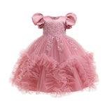 3-12T Kid Girl Princess Mesh Tutu Skirt Handmade Beaded Fungus Sleeve Dresses