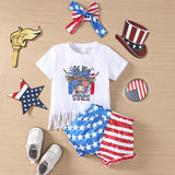 Summer Baby Girl Fringed Short-sleeved Splicing Independence Day 3 Pcs Set Outfits