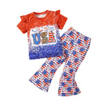 Girls' Independence Day Two-piece Set, USA Letter Pattern Gradient Top with A Five Pointed Star Pattern