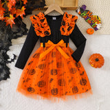 3-8Y Halloween Kid Girls Strip Pumpkin Bat Print Mesh Dresses