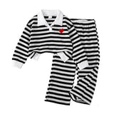 Black and White Striped Polo Collar Long-sleeved Women's Korean Version Short Long-sleeved Two-piece Set