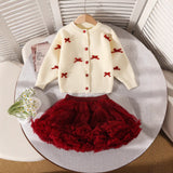 2-6Y Kid Baby Girl Christmas Long-sleeved Versatile Bow Knitted Suits 3 Pcs/Set