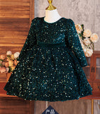 2-6Y Kid Baby Girls Sequined Velvet  Long Sleeve Big Bow Fluffy Princess Dresses
