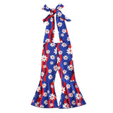 Kid Baby Girl Independence Day Flower Stripe Printed Neck Tie-Up Flared Pants