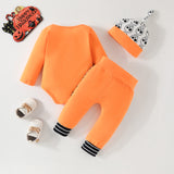 Halloween Baby Orange Skull Print Long Sleeve Stitching 3 Pcs Sets