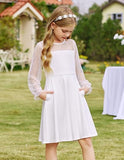 Kid Girls Lace Long-sleeved Solid Cute Princess Dress
