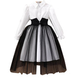 New Girls' Long-sleeved Lapel Waist Seal Mesh Splicing Dress