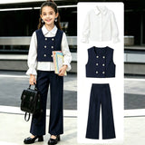 5-14Y Kid Girl Suit Dark Blue White Long-sleeved Suit 3 Pcs Set