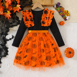 3-8Y Halloween Kid Girls Strip Pumpkin Bat Print Mesh Dresses