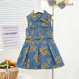 Kid Baby Girls Denim Floral Print Waist-cinched Lapel Vest Dress