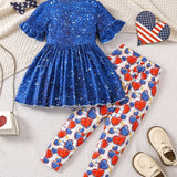Kid Girls Summer Independence Day Peace Love Full Print 3 Pcs Set