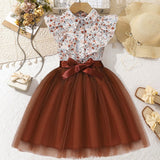 Kid Girls Long Sleeve Lapel Floral Mesh Dress