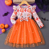 2-8Y Kid Girl Long Sleeve Crew Neck Bow Mesh Christmas Halloween Party Dress