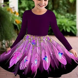 2-10T Kid Girls Sweet Long-sleeved Peacock Feather Print Fashion Dresses