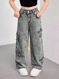 7-12Y Teen Kid Girl Star Decorated Hip Hop Jeans Pants