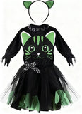 3-6T Kid Girl Printed  Black Cat Playful Dresses 2 Pcs Set