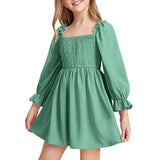 Kid Girl Square Neck Lantern Sleeve Ruffle High Waist Lace Dresses