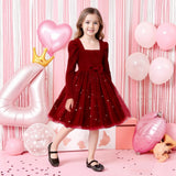 Kid Girls Long-sleeved Star Bow Belt Princess Dresses