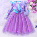 2-8Y Kid Girl Long Sleeve Crew Neck Bow Mesh Christmas Halloween Party Dress
