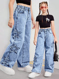 7-12Y Teen Kid Girl Star Decorated Hip Hop Jeans Pants