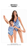New Parent-child Swimsuit Women's High-waisted Bikini Adult Swimsuit Blue and White Porcelain