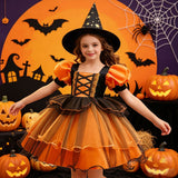 New Girls Princess Dress Halloween Costume Cosplay Witch Dress Bubble Sleeves Pumpkin Mesh Fluffy